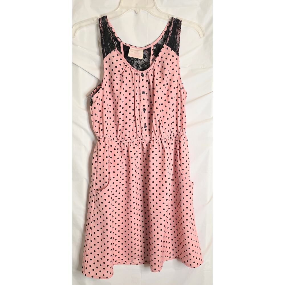 No Boundaries Dress Women's Lg 11-13 Pink w/Black Polka Dots Lace Shoulders/Back